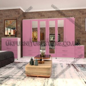 Front Pink Side White 6 Door Wardrobe Set With 4 Mirrors and 6 Bottom Drawer