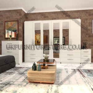 White 6 Door Wardrobe Set With 4 Mirrors and 6 Bottom Drawer