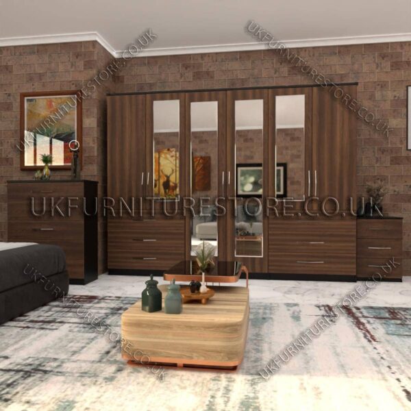 Front Walnut Side Black 6 Door Wardrobe Set With 4 Mirrors and 6 Bottom Drawer