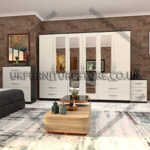 Front White Side Black 6 Door Wardrobe Set With 4 Mirrors and 6 Bottom Drawer