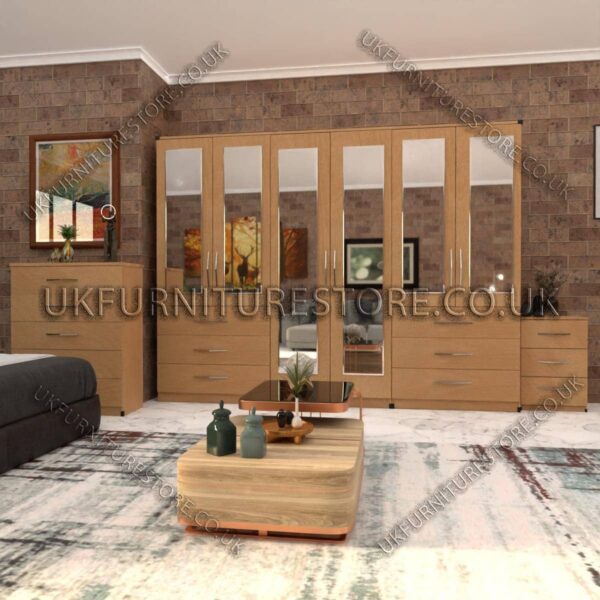 Beech 6 Door Wardrobe Set With 6 Mirrors and 6 Bottom Drawer