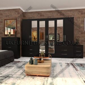 Black 6 Door Wardrobe Set With 4 Mirrors and 6 Bottom Drawer