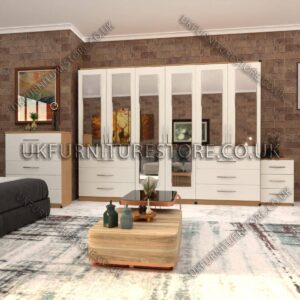 Front White Side Oak 6 Door Wardrobe Set With 6 Mirrors and 6 Bottom Drawer