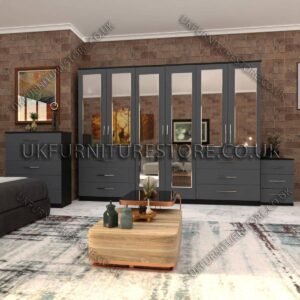 Front Gray Side Black 6 Door Wardrobe Set With 6 Mirrors and 6 Bottom Drawer