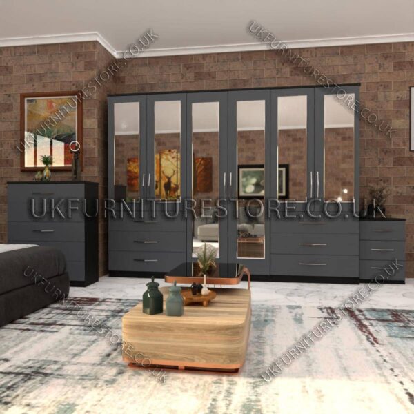 Front Gray Side Black 6 Door Wardrobe Set With 6 Mirrors and 6 Bottom Drawer