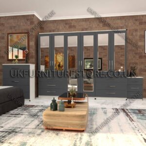 Front Gray Side White 6 Door Wardrobe Set With 6 Mirrors and 6 Bottom Drawer