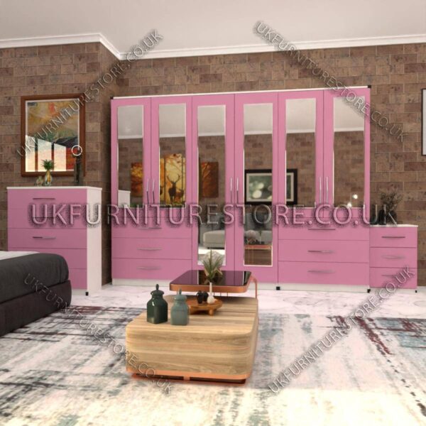Front Pink Side White 6 Door Wardrobe Set With 6 Mirrors and 6 Bottom Drawer