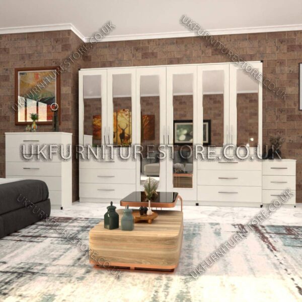 White 6 Door Wardrobe Set With 6 Mirrors and 6 Bottom Drawer