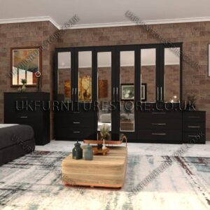 Black 6 Door Wardrobe Set With 6 Mirrors and 6 Bottom Drawer