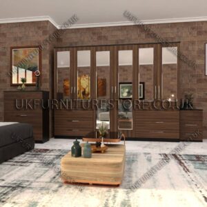 Front Walnut Side Black 6 Door Wardrobe Set With 6 Mirrors and 6 Bottom Drawer