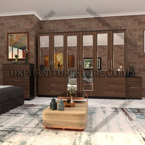 Front Walnut Side Black 6 Door Wardrobe Set With 6 Mirrors and 6 Bottom Drawer