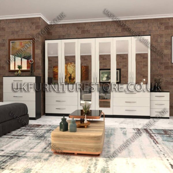 Front White Side Black 6 Door Wardrobe Set With 6 Mirrors and 6 Bottom Drawer
