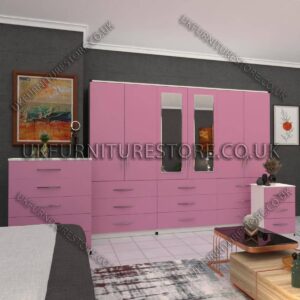 Front Pink Side White 6 Door Wardrobe Set With 2 Mirrors and 9 Bottom Drawer