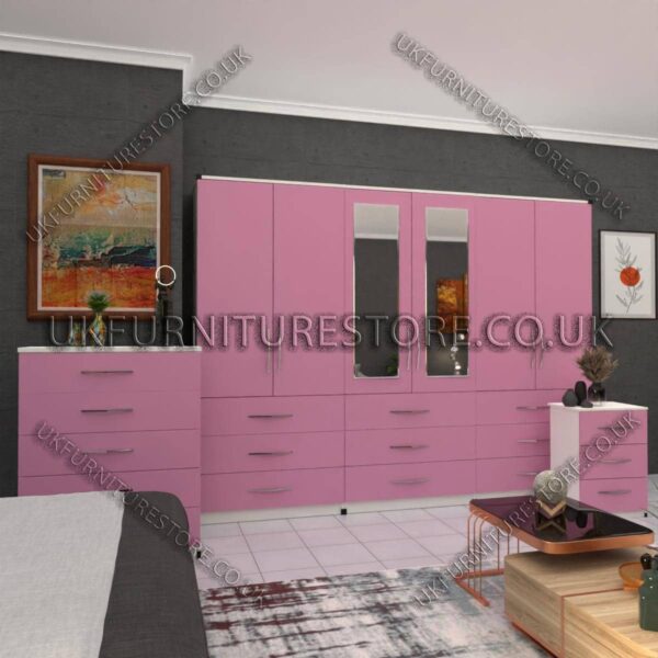 Front Pink Side White 6 Door Wardrobe Set With 2 Mirrors and 9 Bottom Drawer