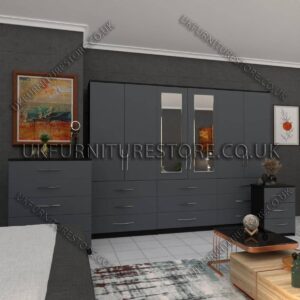 Front Gray Side Black 6 Door Wardrobe Set With 2 Mirrors and 9 Bottom Drawer