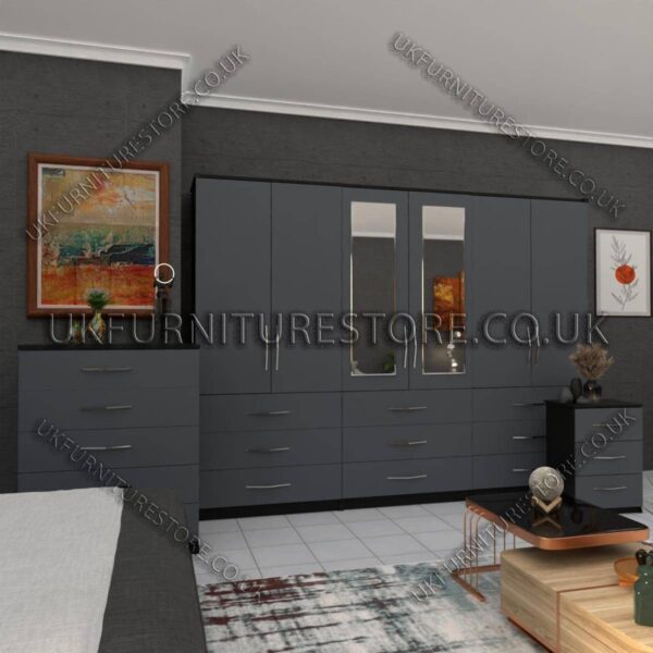 Front Gray Side Black 6 Door Wardrobe Set With 2 Mirrors and 9 Bottom Drawer