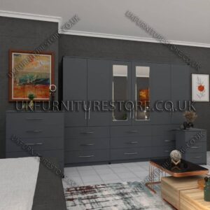 Gray 6 Door Wardrobe Set With 2 Mirrors and 9 Bottom Drawer