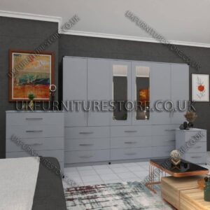 Silver 6 Door Wardrobe Set With 2 Mirrors and 9 Bottom Drawer