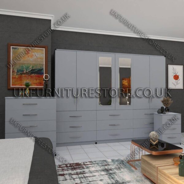 Silver 6 Door Wardrobe Set With 2 Mirrors and 9 Bottom Drawer