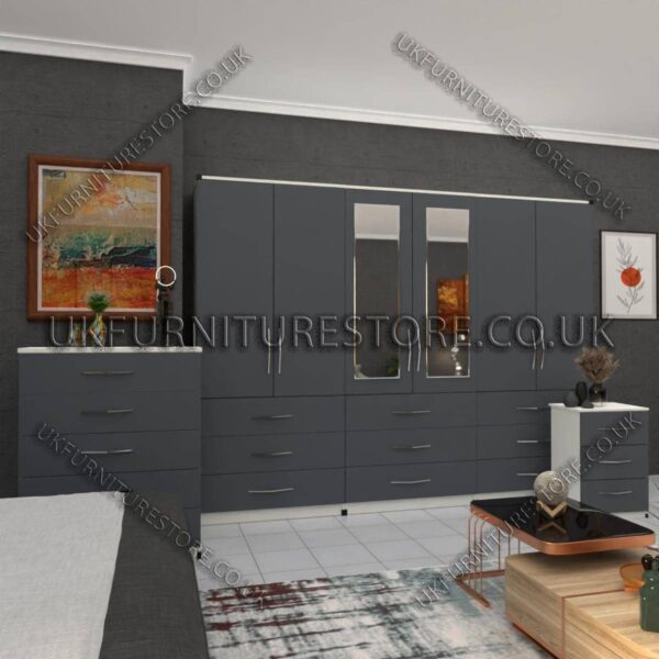 Front Gray Side White 6 Door Wardrobe Set With 2 Mirrors and 9 Bottom Drawer