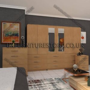 Beech 6 Door Wardrobe Set With 2 Mirrors and 9 Bottom Drawer