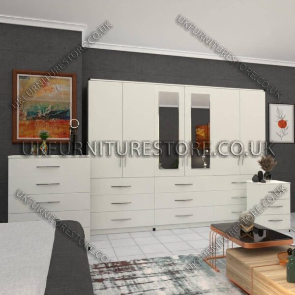 White 6 Door Wardrobe Set With 2 Mirrors and 9 Bottom Drawer