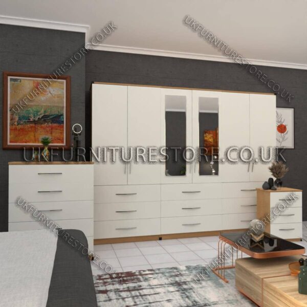 Front White Side Oak 6 Door Wardrobe Set With 2 Mirrors and 9 Bottom Drawer
