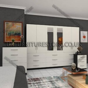 Front White Side Black 6 Door Wardrobe Set With 2 Mirrors and 9 Bottom Drawer