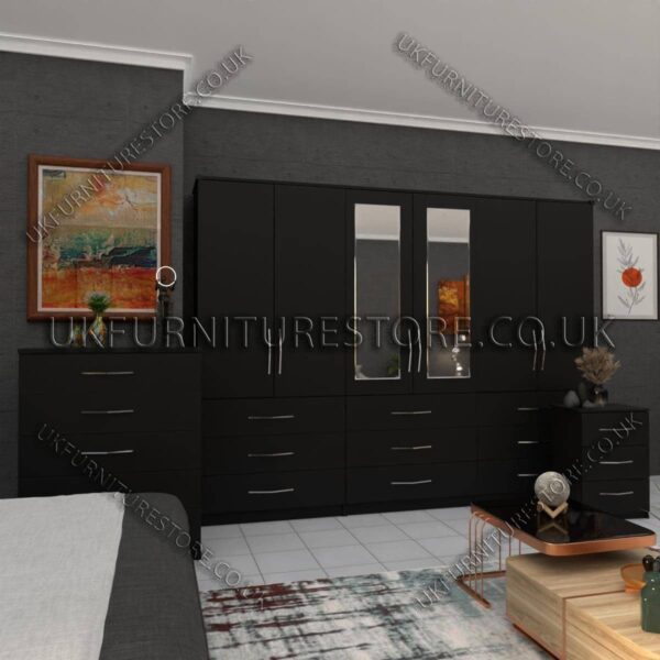 Black 6 Door Wardrobe Set With 2 Mirrors and 9 Bottom Drawer