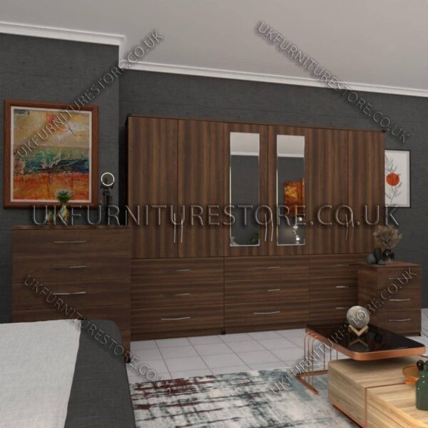 Walnut 6 Door Wardrobe Set With 2 Mirrors and 9 Bottom Drawer