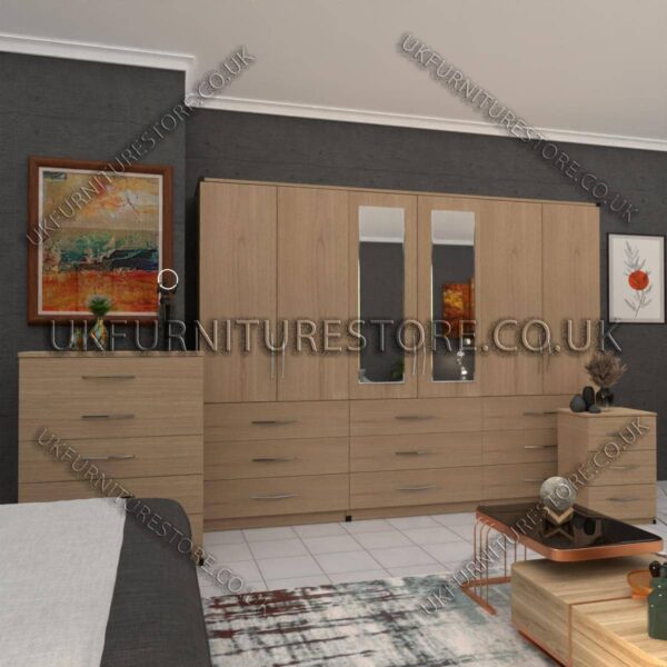 Oak 6 Door Wardrobe Set With 2 Mirrors and 9 Bottom Drawer