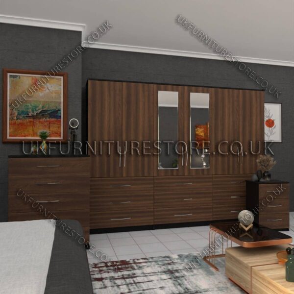 Front Walnut Side Black 6 Door Wardrobe Set With 2 Mirrors and 9 Bottom Drawer
