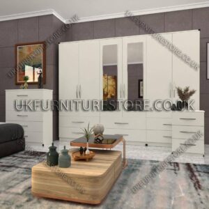White 6 Door Wardrobe Set With 2 Mirrors and 4 Bottom Drawer