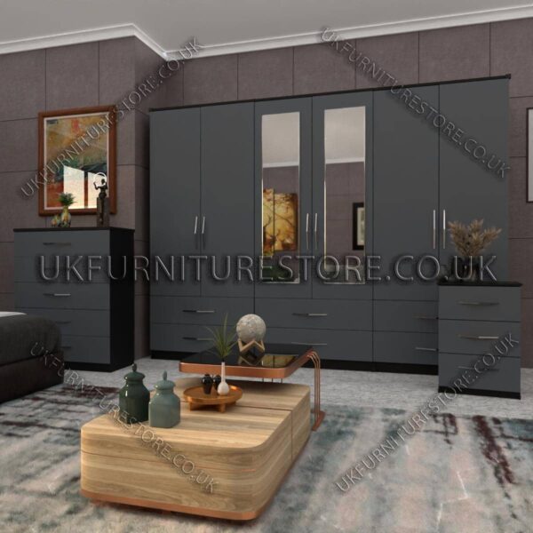 Front Gray Side Black 6 Door Wardrobe Set With 2 Mirrors and 4 Bottom Drawer