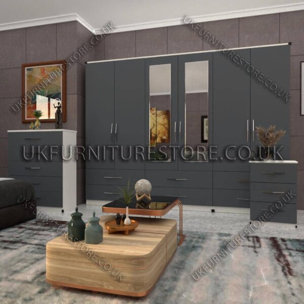 Front Gray Side White 6 Door Wardrobe Set With 2 Mirrors and 4 Bottom Drawer