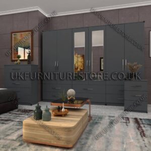 Gray 6 Door Wardrobe Set With 2 Mirrors and 4 Bottom Drawer