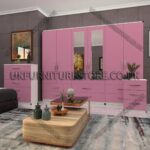 Front Pink Side White 6 Door Wardrobe Set With 2 Mirrors and 4 Bottom Drawer