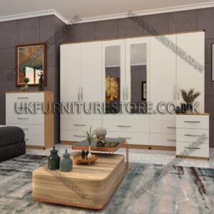 Front White Side Oak 6 Door Wardrobe Set With 2 Mirrors and 4 Bottom Drawer