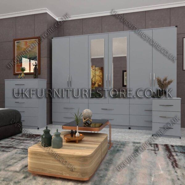 Silver 6 Door Wardrobe Set With 2 Mirrors and 4 Bottom Drawer