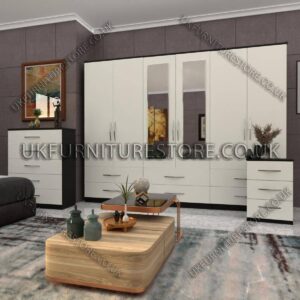 Front White Side Black 6 Door Wardrobe Set With 2 Mirrors and 4 Bottom Drawer