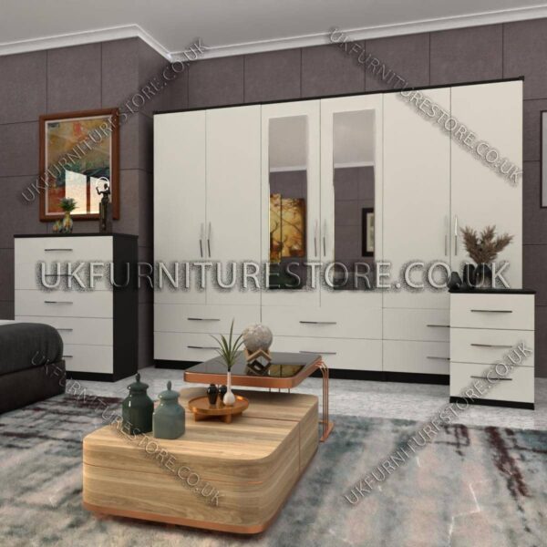 Front White Side Black 6 Door Wardrobe Set With 2 Mirrors and 4 Bottom Drawer
