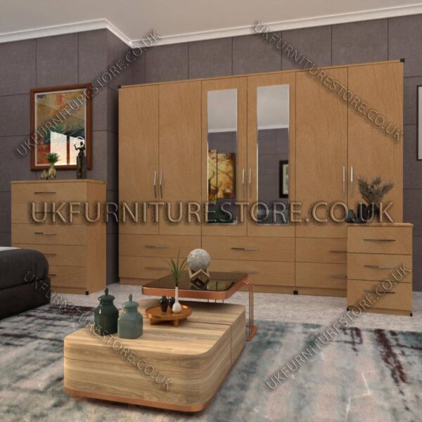 Beech 6 Door Wardrobe Set With 2 Mirrors and 4 Bottom Drawer