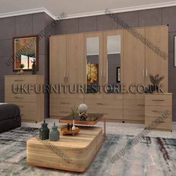 Oak 6 Door Wardrobe Set With 2 Mirrors and 4 Bottom Drawer