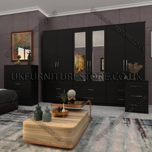 Black 6 Door Wardrobe Set With 2 Mirrors and 4 Bottom Drawer