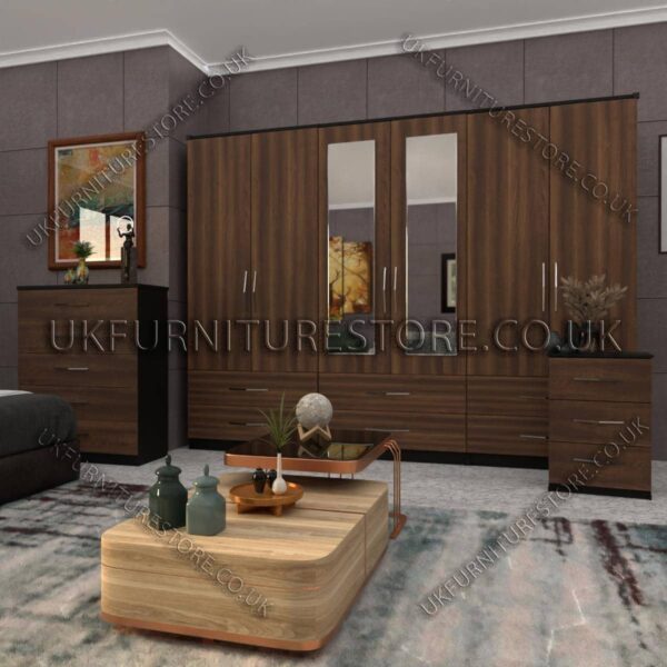 Front Walnut Side Black 6 Door Wardrobe Set With 2 Mirrors and 4 Bottom Drawer