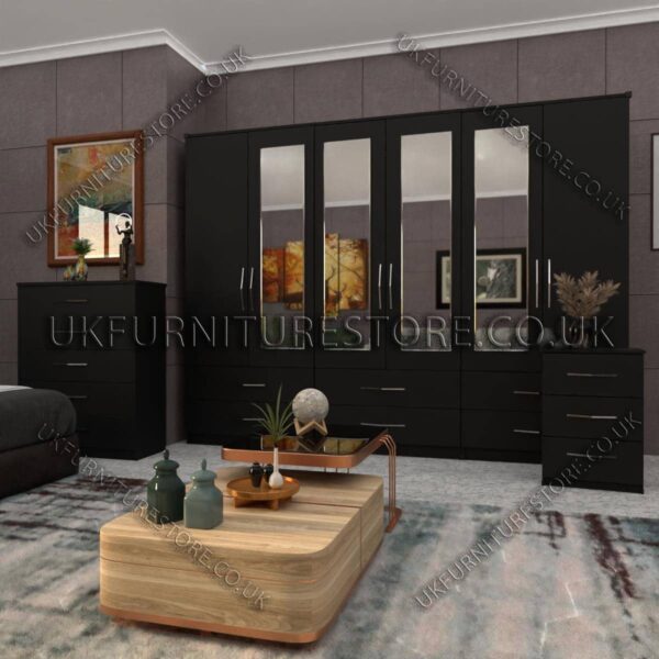 Black 6 Door Wardrobe Set With 4 Mirrors and 6 Bottom Drawer