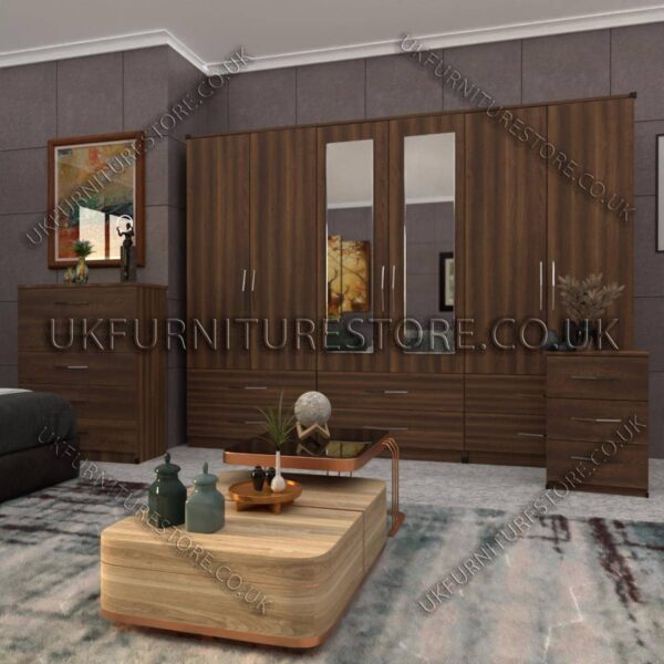 Walnut 6 Door Wardrobe Set With 2 Mirrors and 4 Bottom Drawer