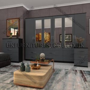 Front Gray Side Black 6 Door Wardrobe Set With 4 Mirrors and 6 Bottom Drawer