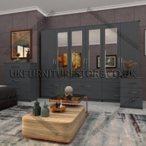 Gray 6 Door Wardrobe Set With 4 Mirrors and 6 Bottom Drawer
