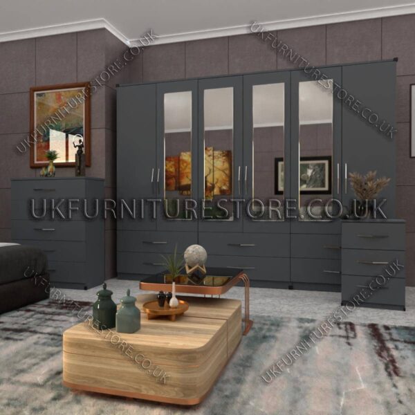 Gray 6 Door Wardrobe Set With 4 Mirrors and 6 Bottom Drawer